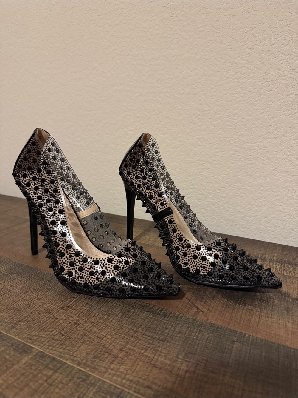 Black Embellished Pointed-Toe Stiletto Heels